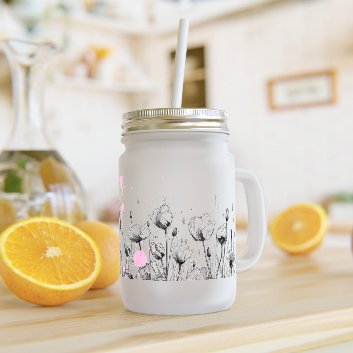 Floral Mason Jar Tumbler — Frosted Glass Mason Jar with Pink Watercolor Poppies