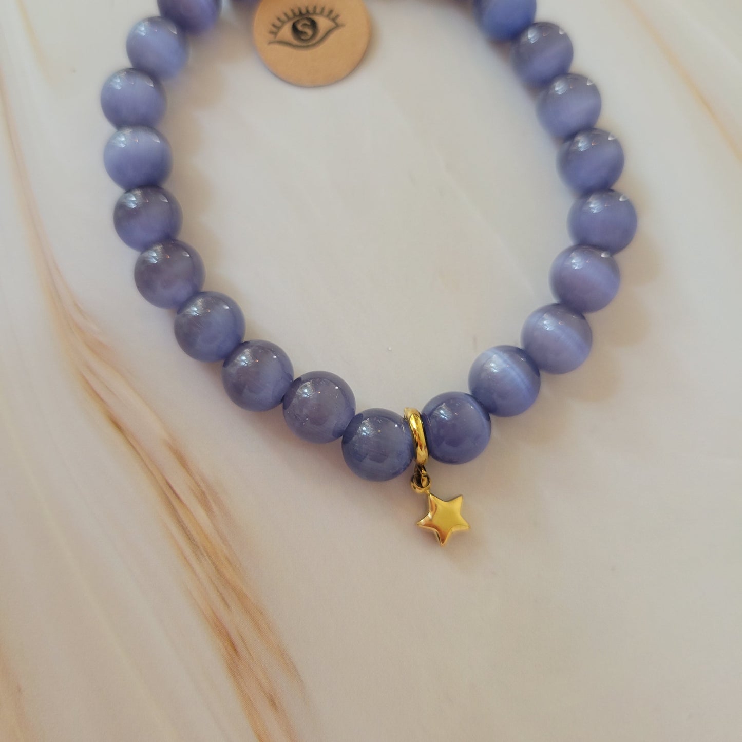 Armband mit natürlichem Cat's Eye Stein – lila mit Edelstahl Stern Charm