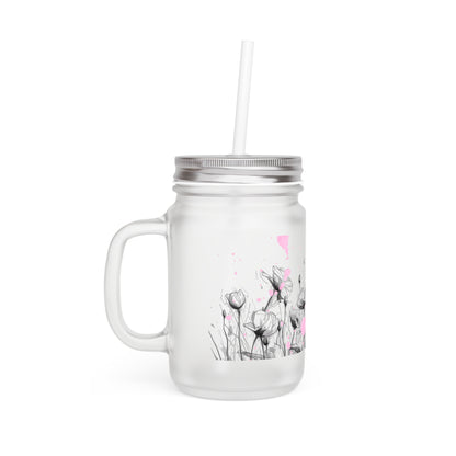 Floral Mason Jar Tumbler — Frosted Glass Mason Jar with Pink Watercolor Poppies