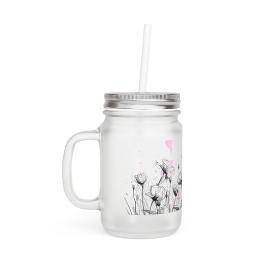 Floral Mason Jar Tumbler — Frosted Glass Mason Jar with Pink Watercolor Poppies