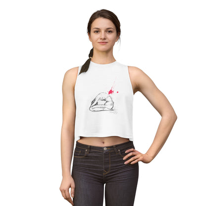 Yoga Pose Crop Top — Minimal Line Art with Red Ink Splash