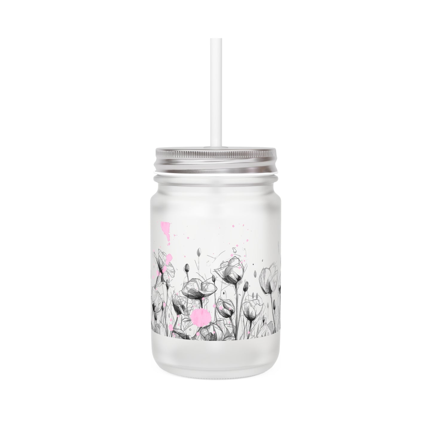Floral Mason Jar Tumbler — Frosted Glass Mason Jar with Pink Watercolor Poppies