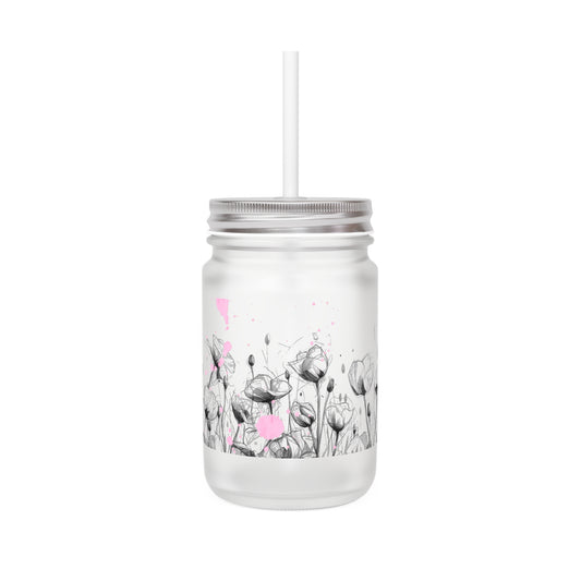 Floral Mason Jar Tumbler — Frosted Glass Mason Jar with Pink Watercolor Poppies