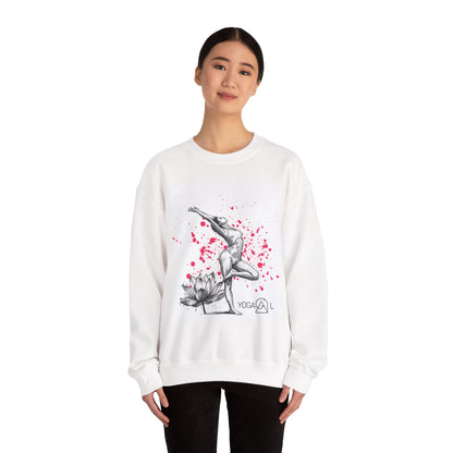 Yoga Lotus Crewneck Sweatshirt — Graceful Handstand Illustration with Pink Splash