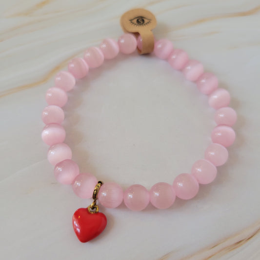 Armband mit natürlichem Cat's Eye Stein – rosa mit rotem Herz Edelstahl Charm