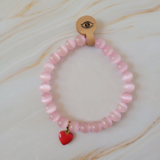 Armband mit natürlichem Cat's Eye Stein – rosa mit rotem Herz Edelstahl Charm