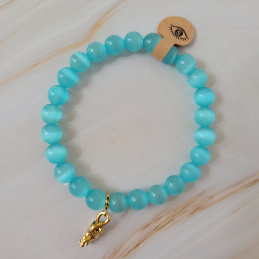 Armband mit natürlichem Cat's Eye Stein – hellblau / türkis - goldener Elefant