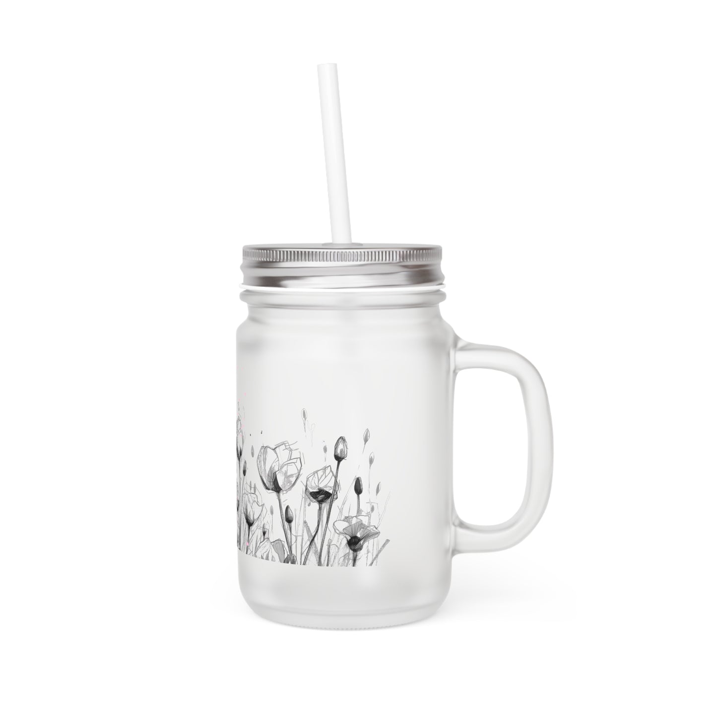 Floral Mason Jar Tumbler — Frosted Glass Mason Jar with Pink Watercolor Poppies