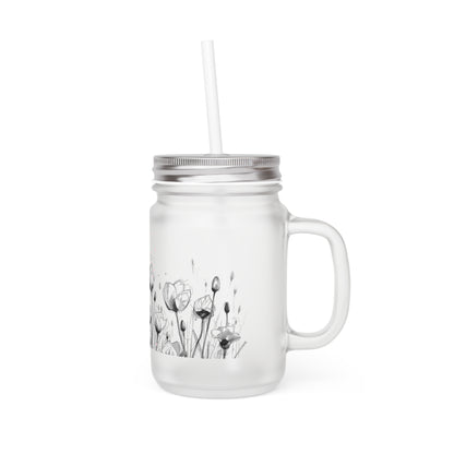 Floral Mason Jar Tumbler — Frosted Glass Mason Jar with Pink Watercolor Poppies